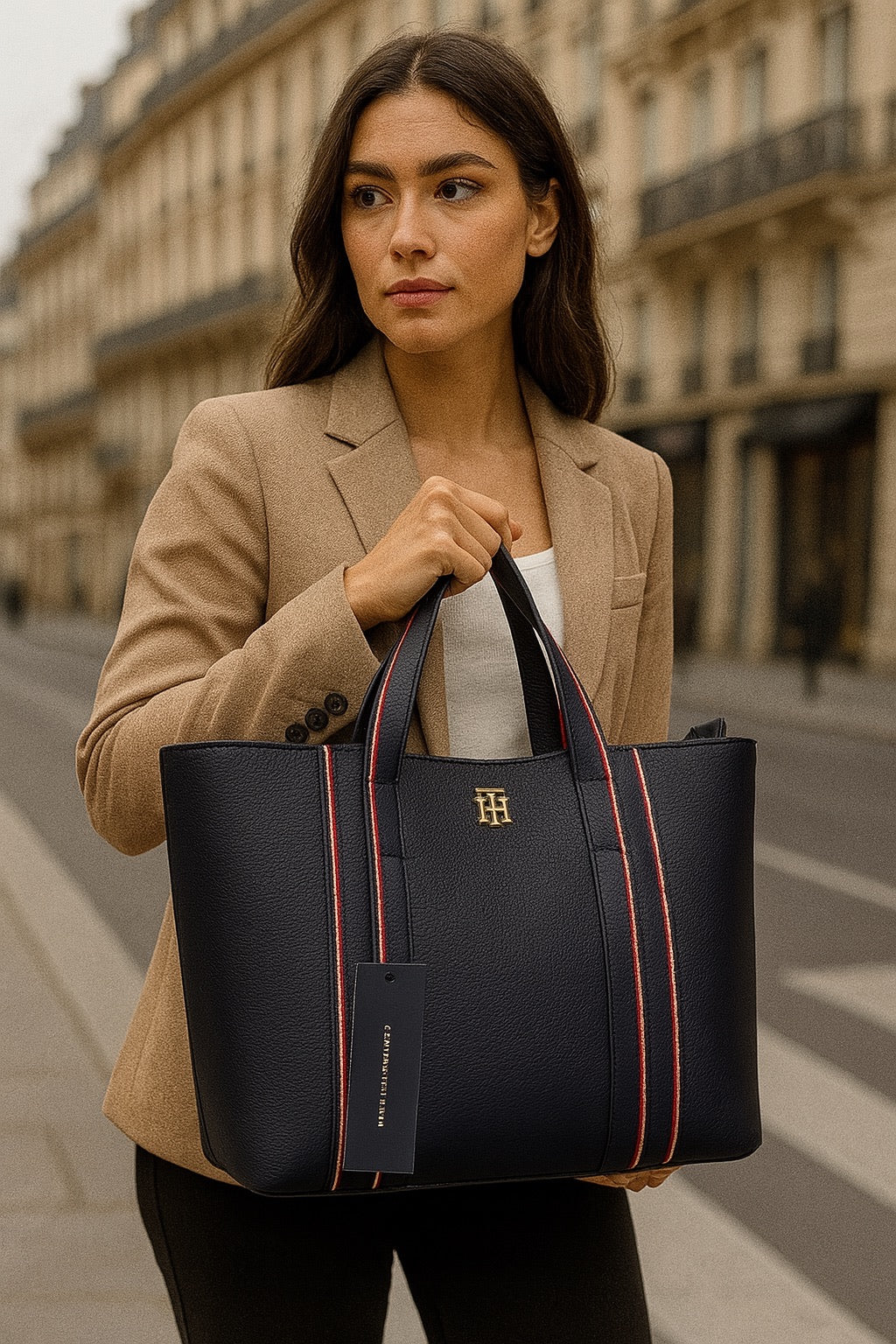 Bolso Tote Tommy Hilfiger con Logo Metálico y Rayas Verticales