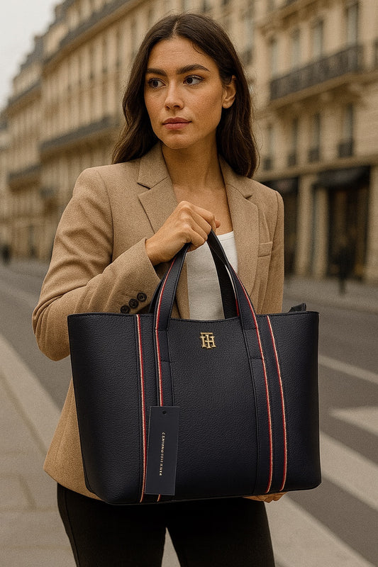 Bolso Tote Tommy Hilfiger con Logo Metálico y Rayas Verticales