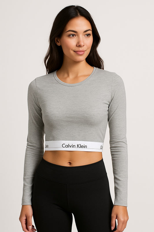 Crop Top Calvin Klein de Manga Larga con Logo –  Gris Jaspeado